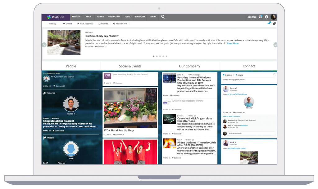 Internal communication homepage, social feed, and collaboration in SenseiOS